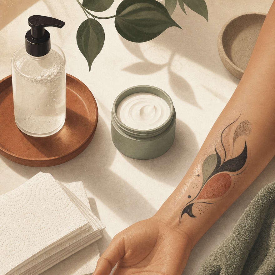 A gentle tattoo aftercare flat-lay: a bottle of mild fragrance-free soap, a tub of unscented moisturiser, clean paper towels and a forearm with a healing tattoo