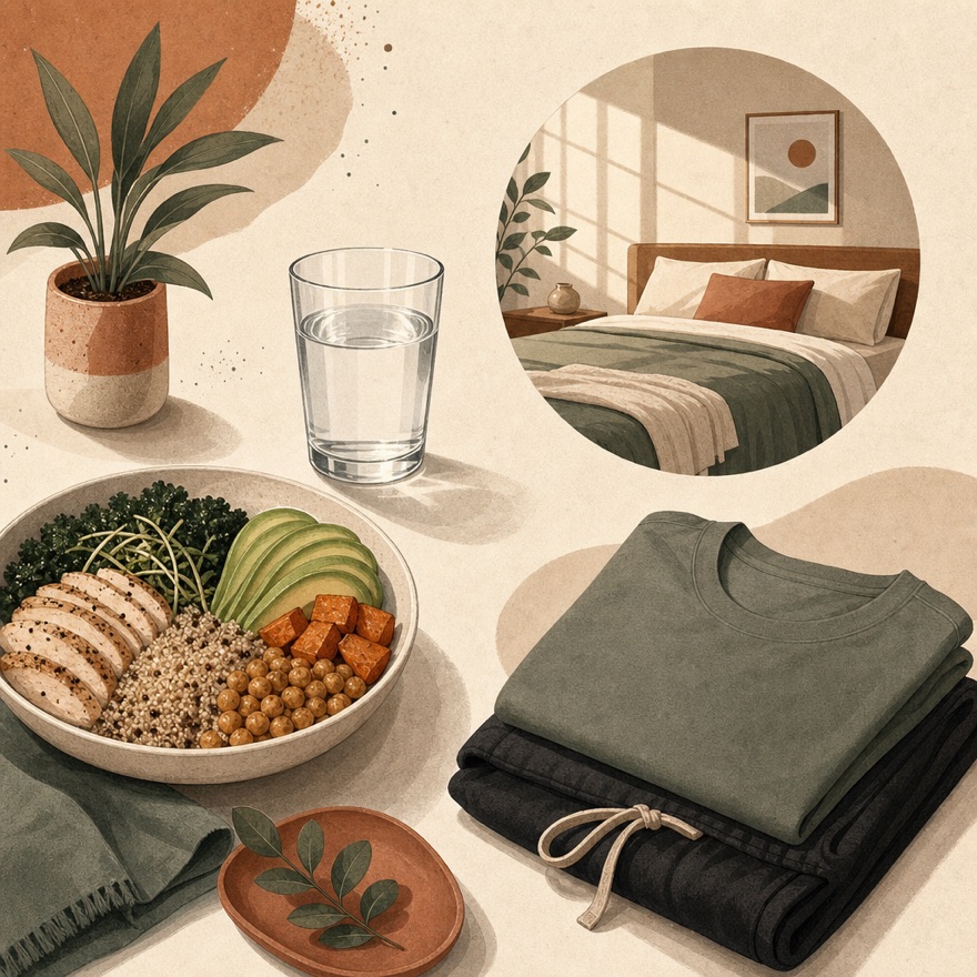 A calm flat-lay for tattoo preparation: a glass of water, a balanced meal, a restful bed and folded comfortable clothing