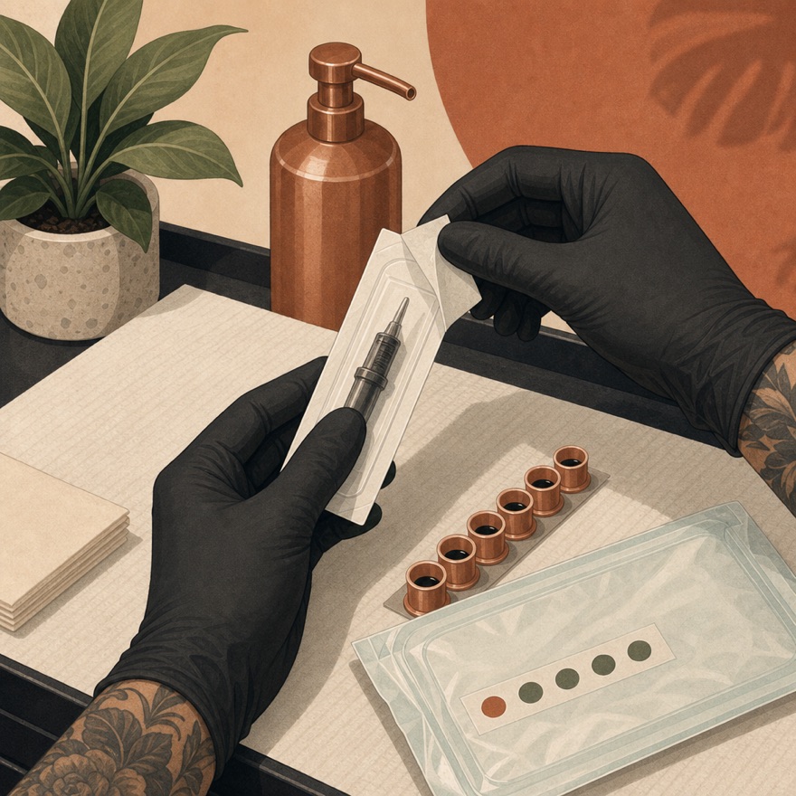 A tattoo artist's gloved hands opening a sealed sterile needle packet over a clean workstation, with single-use ink caps and an autoclave pouch nearby