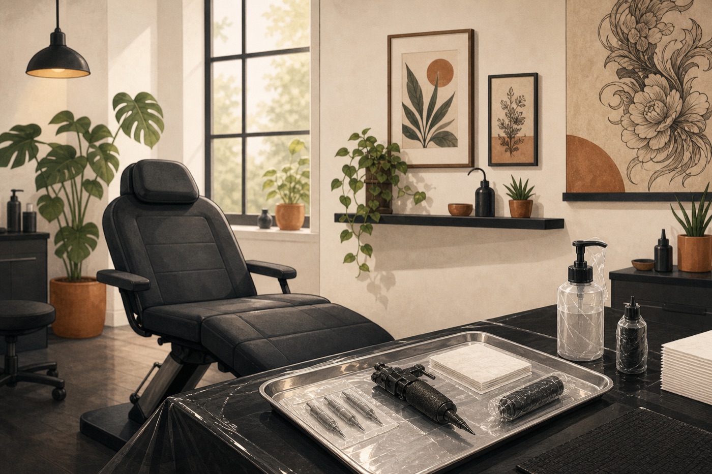 A clean, light-filled tattoo studio with a tidy workstation, sealed sterile equipment on a tray and a comfortable client chair