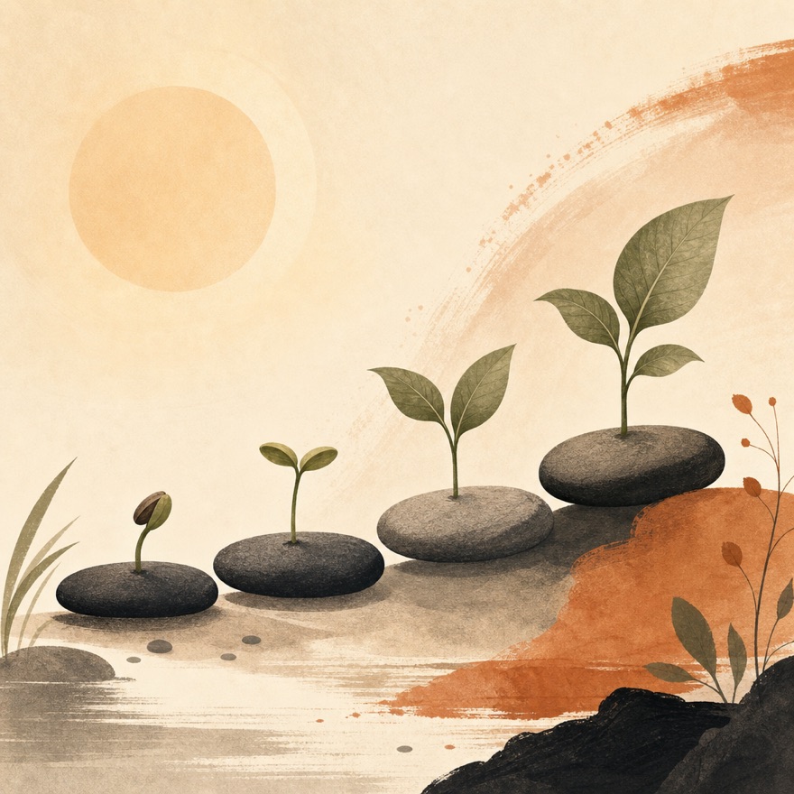 An abstract illustration of healing over time: a small plant progressing from sprout to leaf across stepping stones in warm light