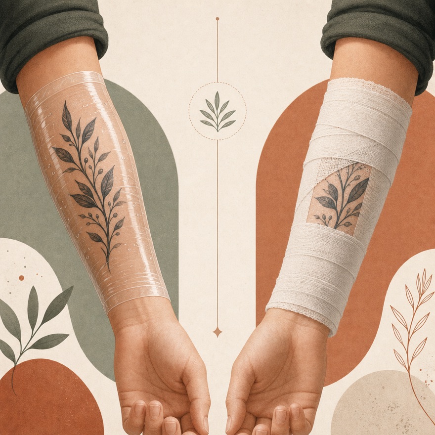 A conceptual side-by-side of two tattoo bandaging methods on a forearm: a clear transparent breathable film, and a simple protective wrap